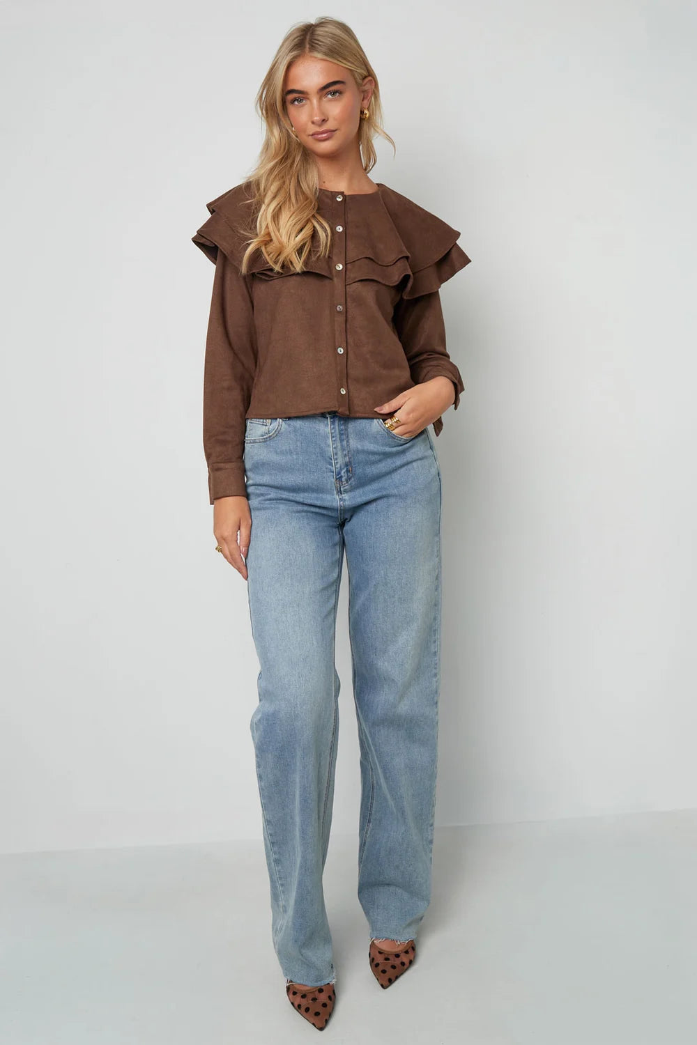 Woven Polyester Fiber Women's Blouse Elegant Ruffle Trim