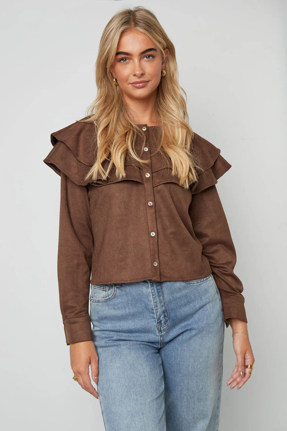 Woven Polyester Fiber Women's Blouse Elegant Ruffle Trim