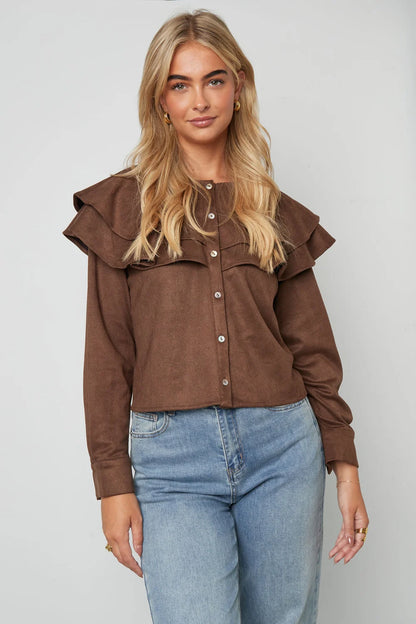 Woven Polyester Fiber Women's Blouse Elegant Ruffle Trim