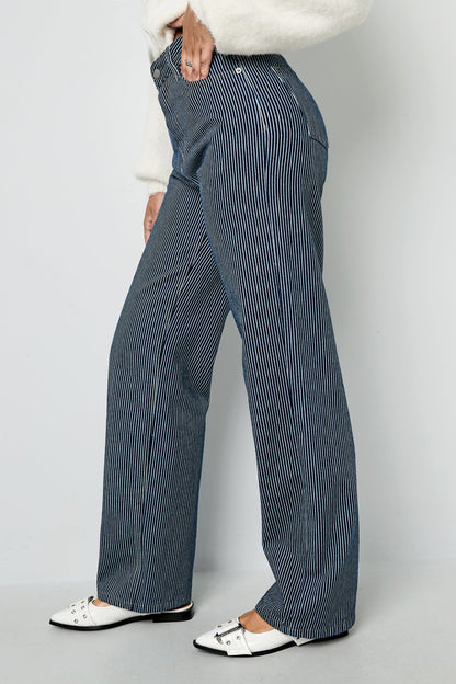 Woven Cotton Women's Straight Leg Pants Casual Stripes