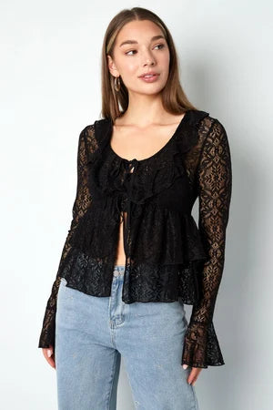 Woven Lace Women's Long Sleeve Top Elegant Ruffle Detail