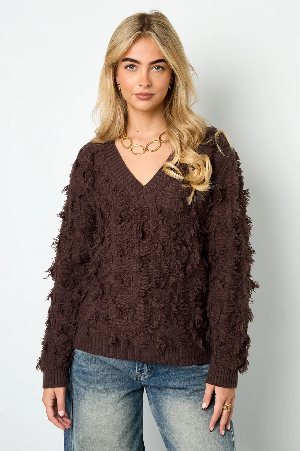 V sweater with fringes