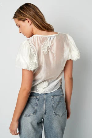 Organic Cotton Woven Women's Short Sleeve Top Bohemian Floral Print Bow