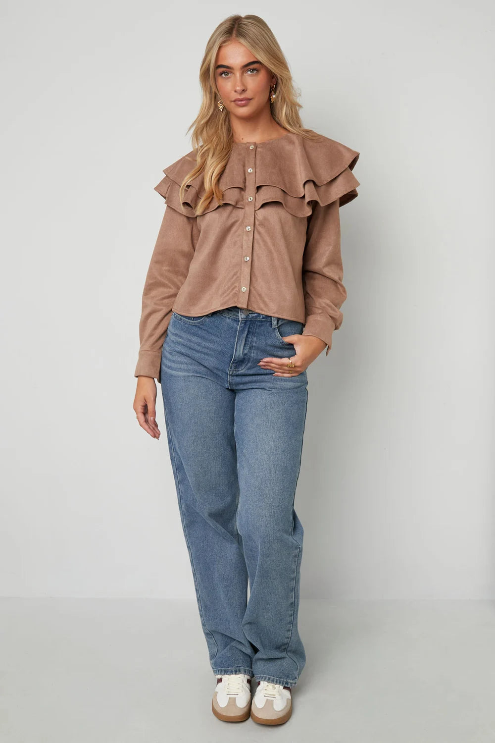 Woven Polyester Fiber Women's Blouse Elegant Ruffle Trim