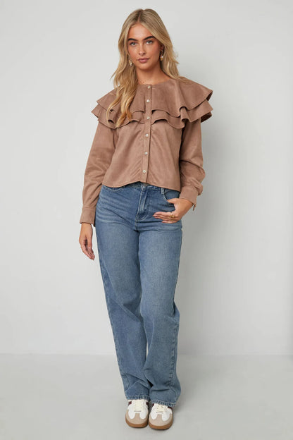 Woven Polyester Fiber Women's Blouse Elegant Ruffle Trim