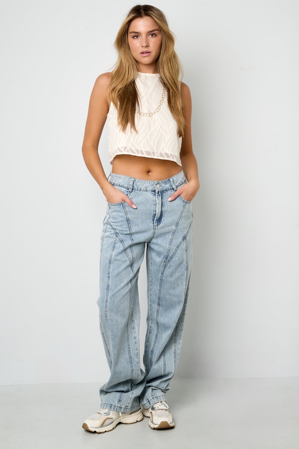 Cotton Blend Denim Pants Casual Straight Light Indigo