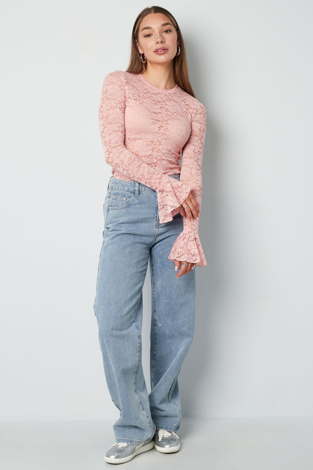 Cotton Woven Women's Straight Leg Denim Pants Heart Embroidery Casual