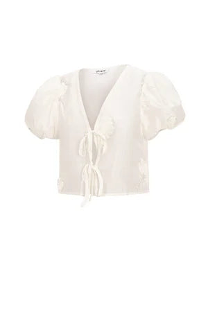 Organic Cotton Woven Women's Short Sleeve Top Bohemian Floral Print Bow