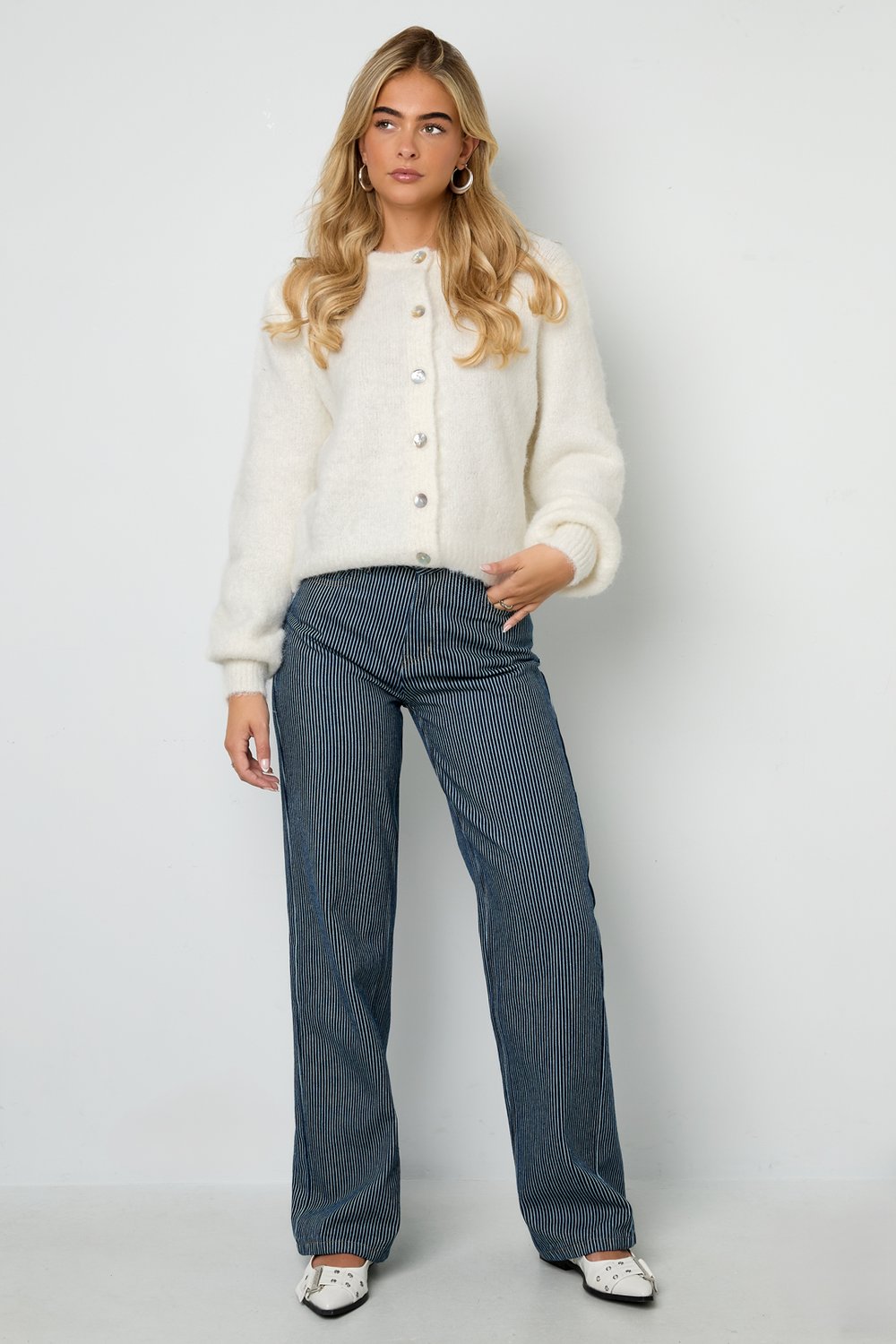 Woven Cotton Women's Straight Leg Pants Casual Stripes