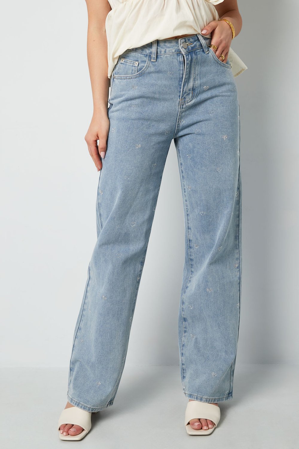 Cotton Woven Women's Straight Leg Denim Pants Heart Embroidery Casual