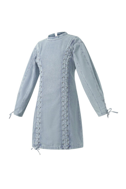 Cotton Woven Denim Dress Elegant Tie-up Solid Color