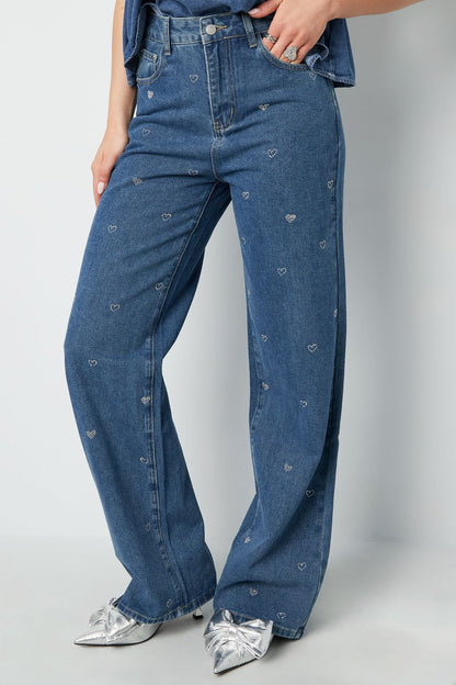Cotton Woven Women's Straight Leg Denim Pants Heart Embroidery Casual