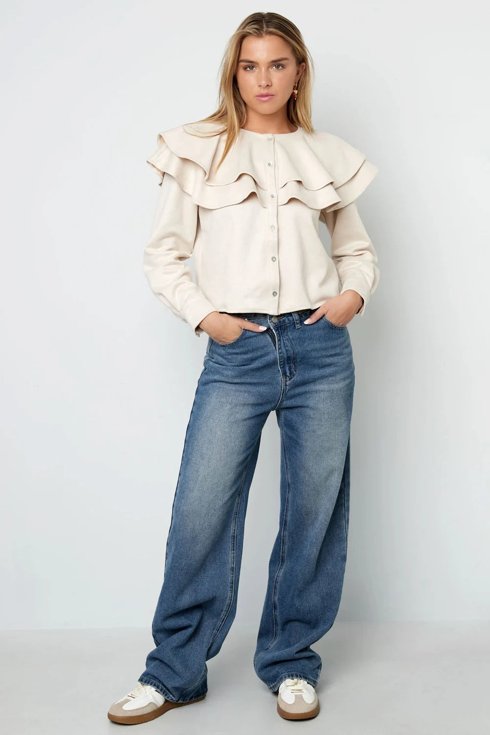 Woven Polyester Fiber Women's Blouse Elegant Ruffle Trim