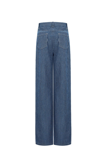 Woven Cotton Women's Straight Leg Pants Casual Stripes