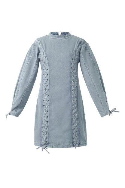 Cotton Woven Denim Dress Elegant Tie-up Solid Color