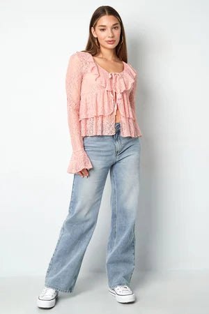 Woven Lace Women's Long Sleeve Top Elegant Ruffle Detail
