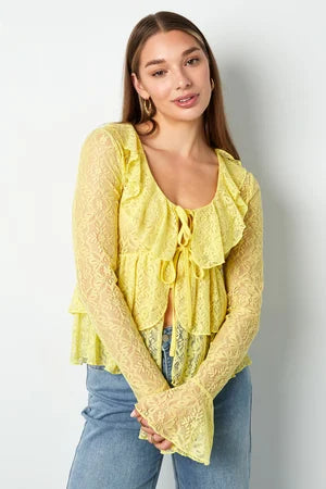 Woven Lace Women's Long Sleeve Top Elegant Ruffle Detail