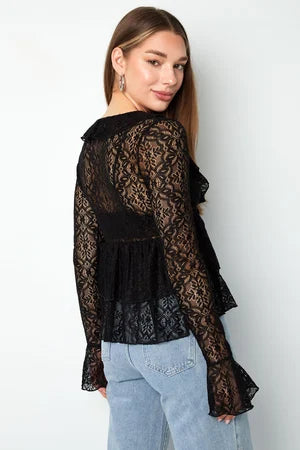 Woven Lace Women's Long Sleeve Top Elegant Ruffle Detail