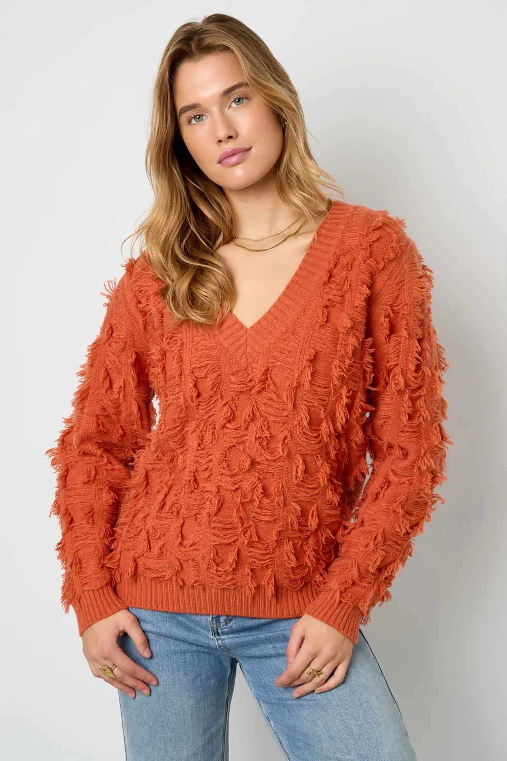V sweater with fringes